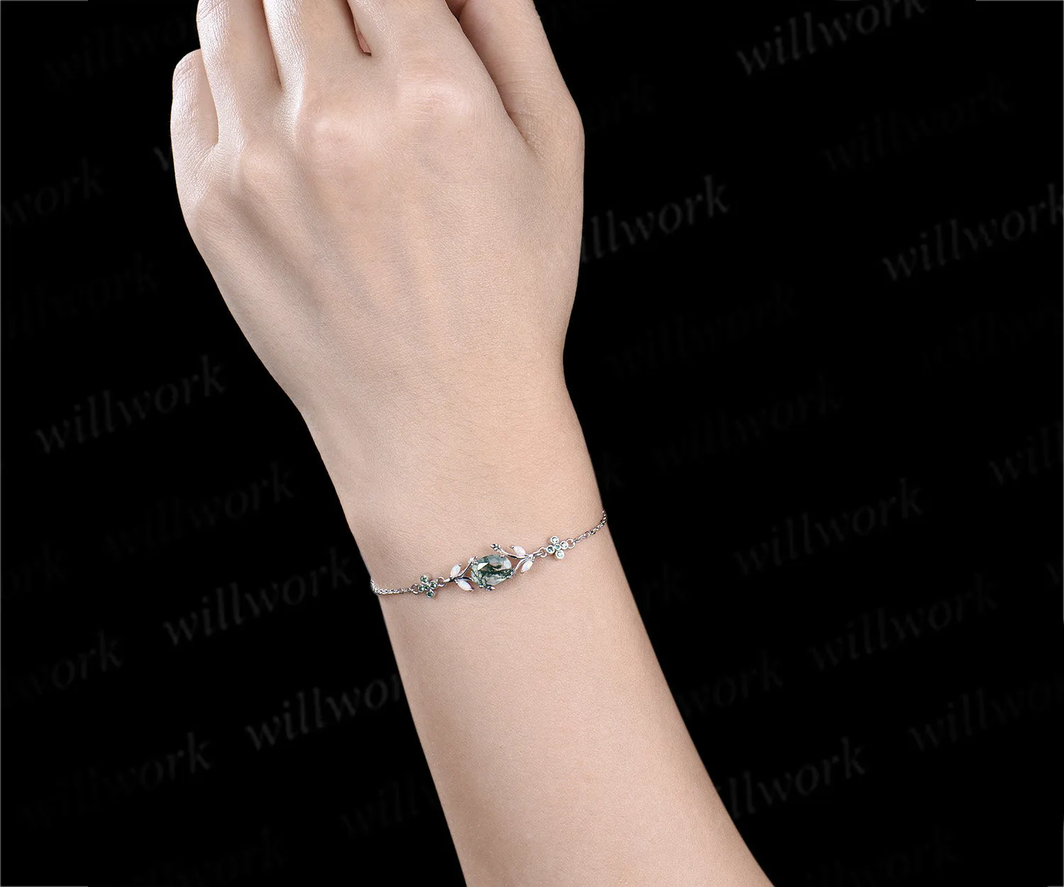 Oval cut moss agate marquise opal leaf bracelet emeralds clover adjustable bracelet nature inspired jewelry for women sold by Willwork Jewelry product image thumbnail 2