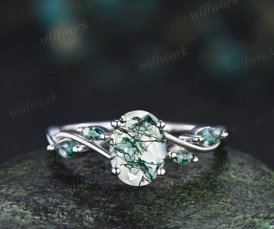 Oval cut moss agate engagement ring marquise moss agate infinity wedding ring unique five stone bridal ring sold by Willwork Jewelry