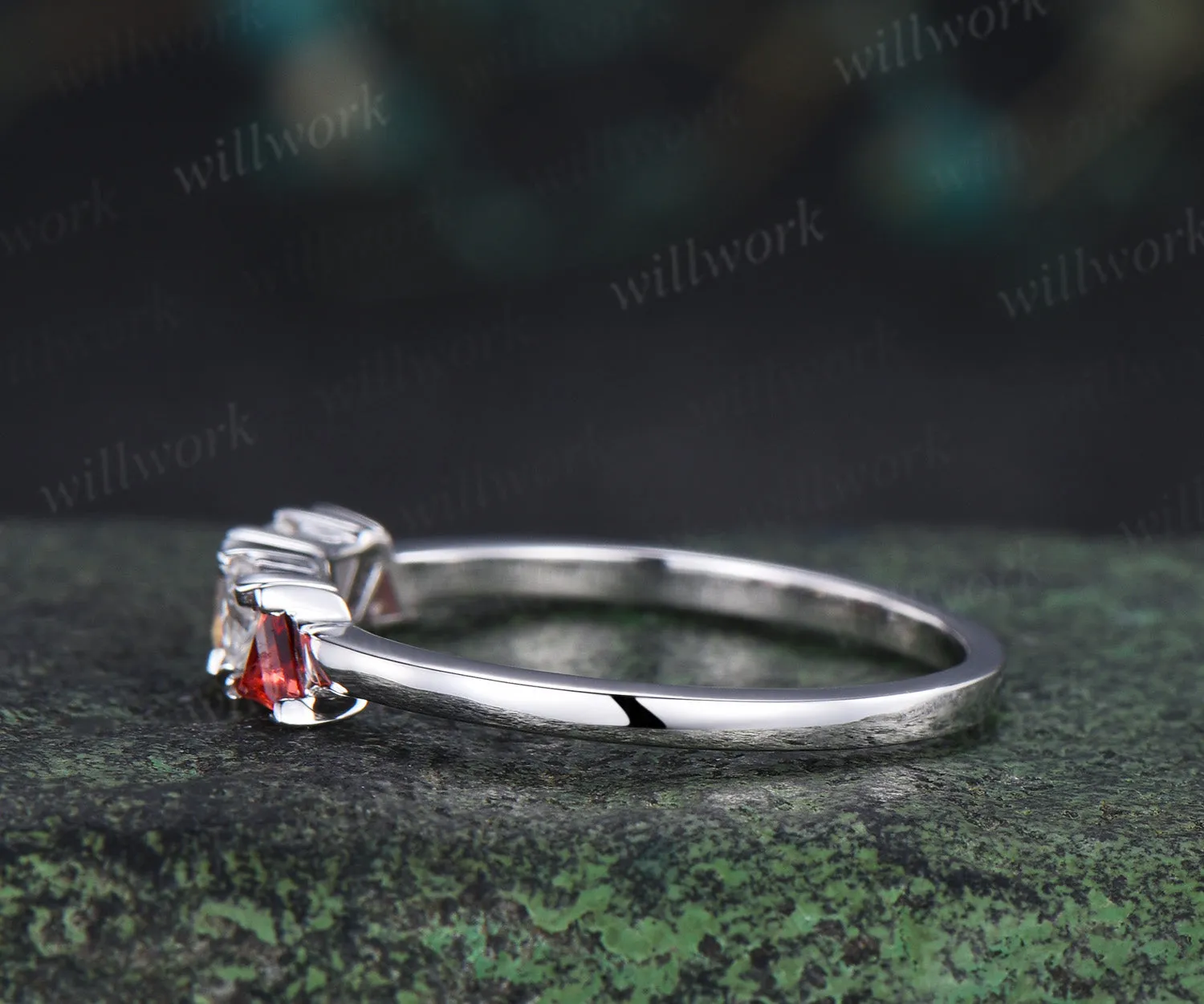 Trilliant cut garnet citrine moissanite ring 14k white gold five stone wedding band anniversary Multi-Stone Ring sold by Willwork Jewelry product image thumbnail 5