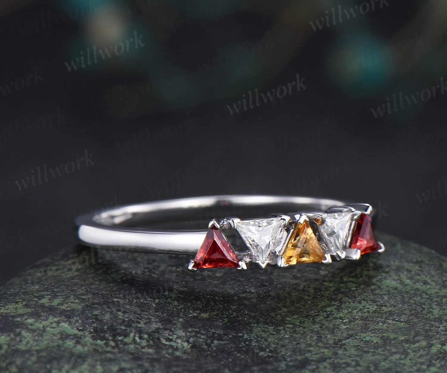 Trilliant cut garnet citrine moissanite ring 14k white gold five stone wedding band anniversary Multi-Stone Ring sold by Willwork Jewelry product image thumbnail 4
