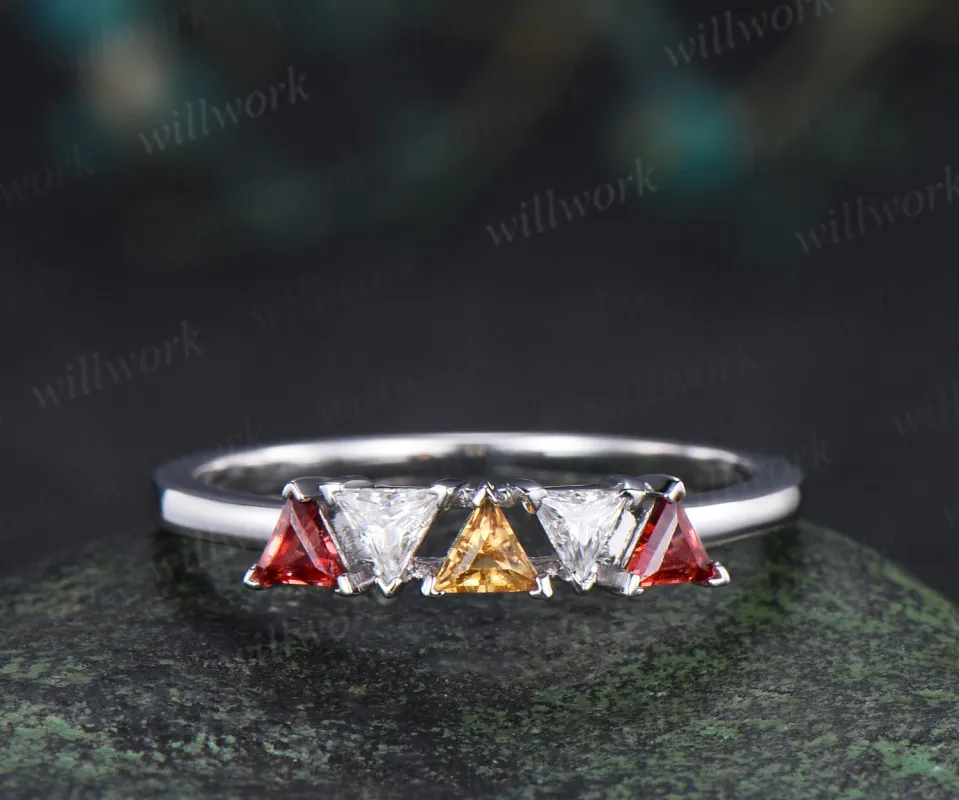 Trilliant cut garnet citrine moissanite ring 14k white gold five stone wedding band anniversary Multi-Stone Ring made by Willwork Jewelry