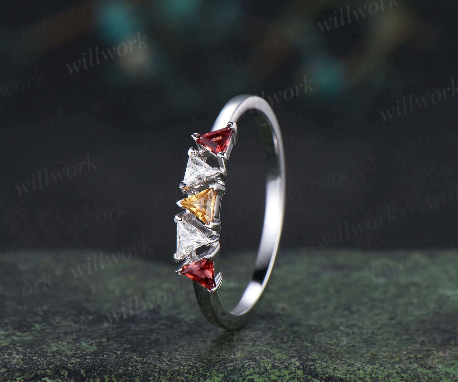 Trilliant cut garnet citrine moissanite ring 14k white gold five stone wedding band anniversary Multi-Stone Ring sold by Willwork Jewelry product image thumbnail 2
