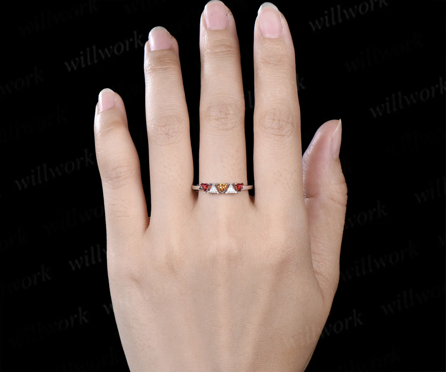 Trilliant cut garnet citrine moissanite ring 14k white gold five stone wedding band anniversary Multi-Stone Ring sold by Willwork Jewelry product image thumbnail 3
