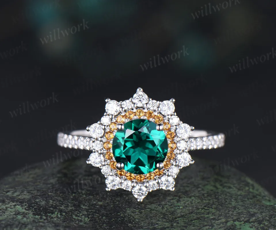 1ct round cut emerald ring double halo citrine snowdrift unique Engagement Ring 18k white gold wedding ring women sold by Willwork Jewelry