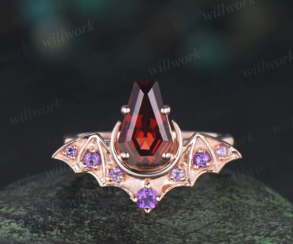 Kite coffin red garnet ring rose gold bat moon wing engagement ring amethyst wedding ring made by Willwork Jewelry