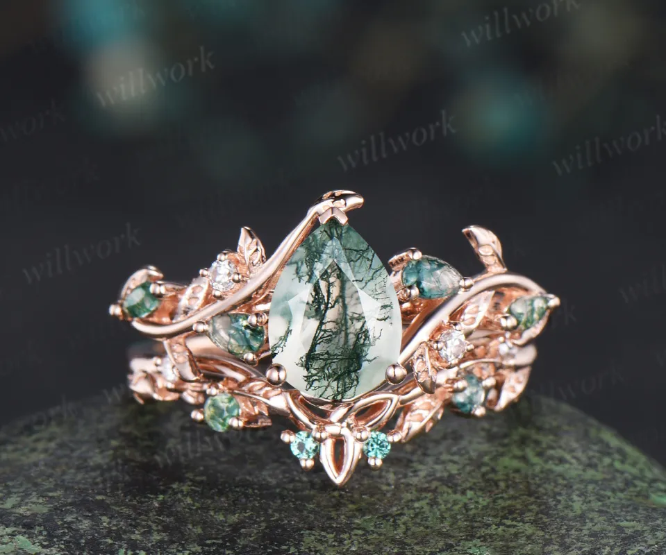 Pear cut moss agate engagement ring rose gold leaf celtic knot wedding ring set nature inspired jewelry sold by Willwork Jewelry