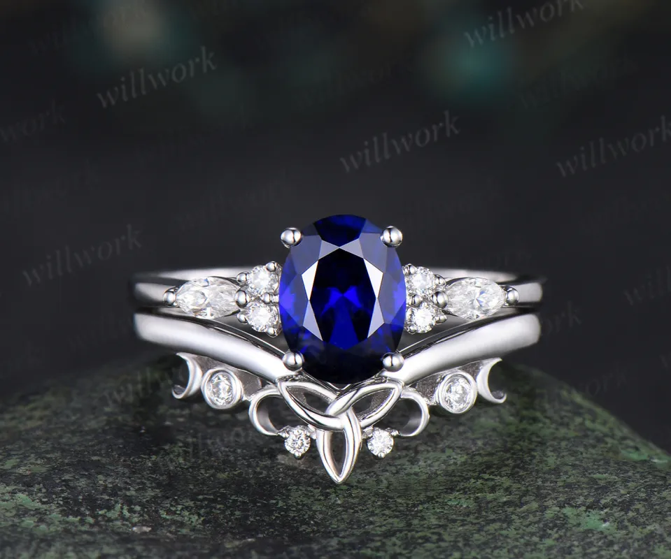 Oval cut blue sapphire engagement ring set seven stone moissanite ring vintage moon women Celtic knot wedding bridal set sold by Willwork Jewelry