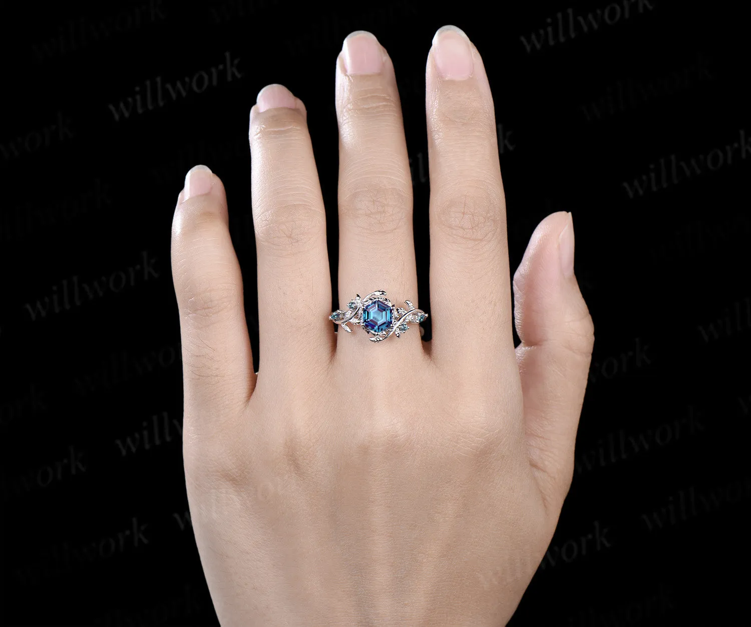 Hexagon cut alexandrite ring five stone nature inspired leaf halo engagement ring 14k white gold sold by Willwork Jewelry product image thumbnail 3
