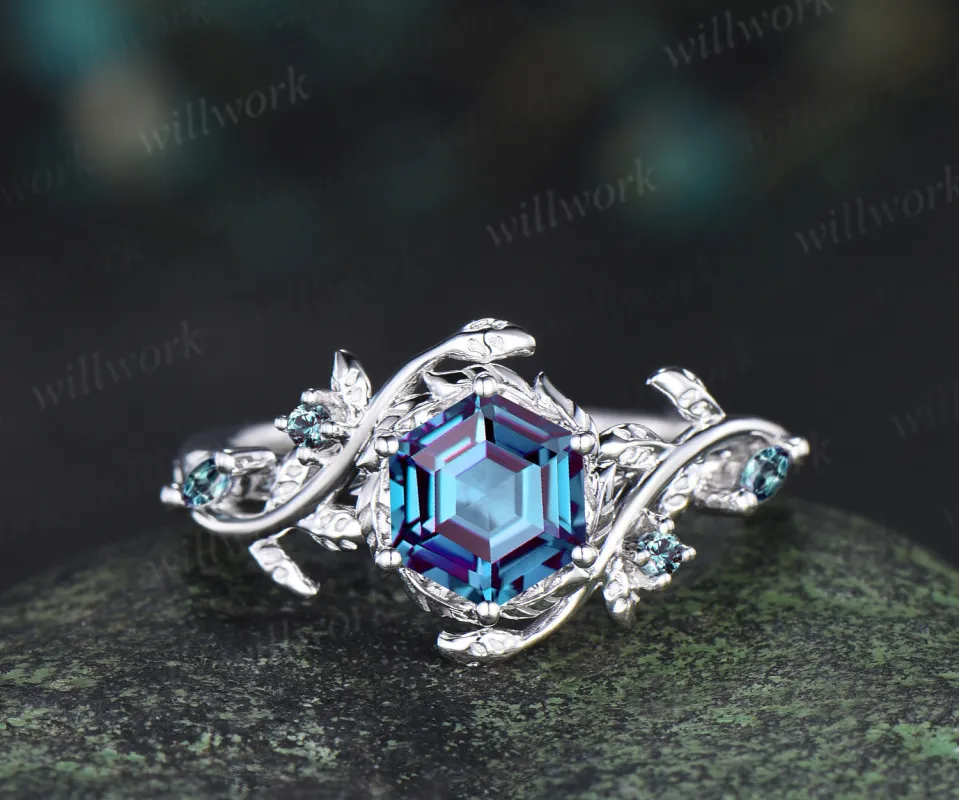 Hexagon cut alexandrite ring five stone nature inspired leaf halo engagement ring 14k white gold sold by Willwork Jewelry