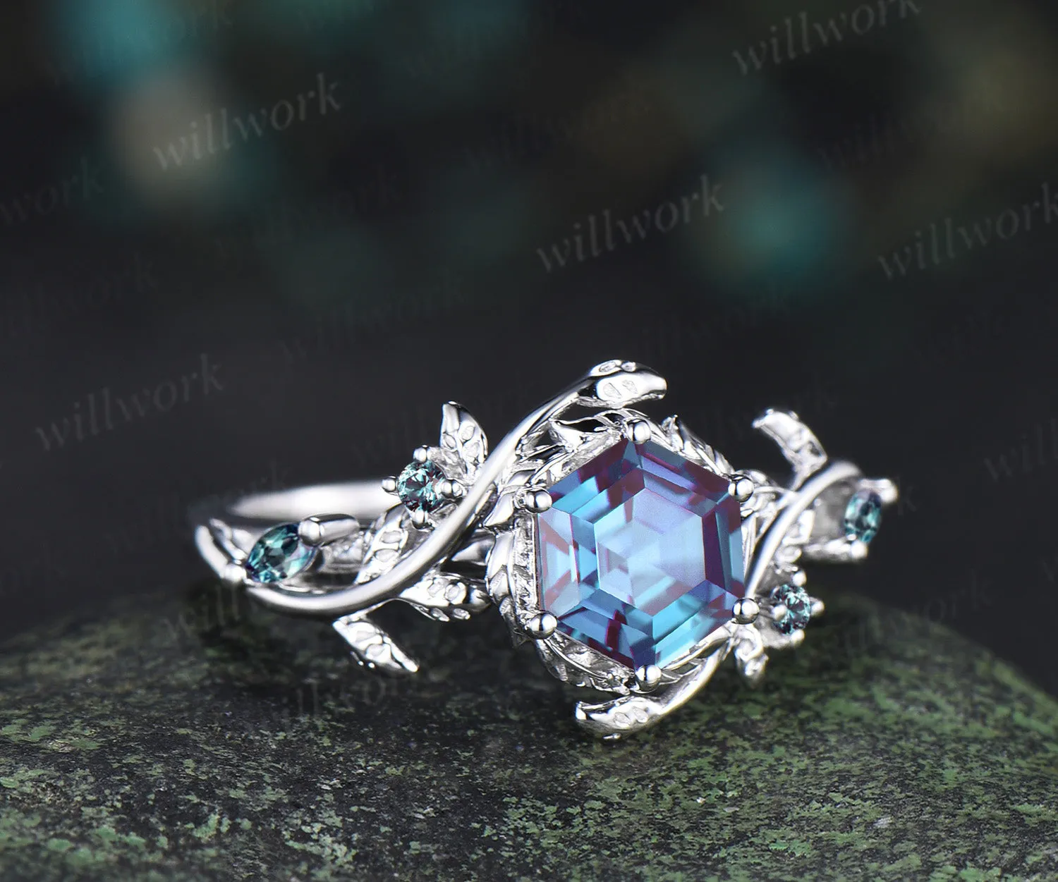 Hexagon cut alexandrite ring five stone nature inspired leaf halo engagement ring 14k white gold sold by Willwork Jewelry product image thumbnail 2
