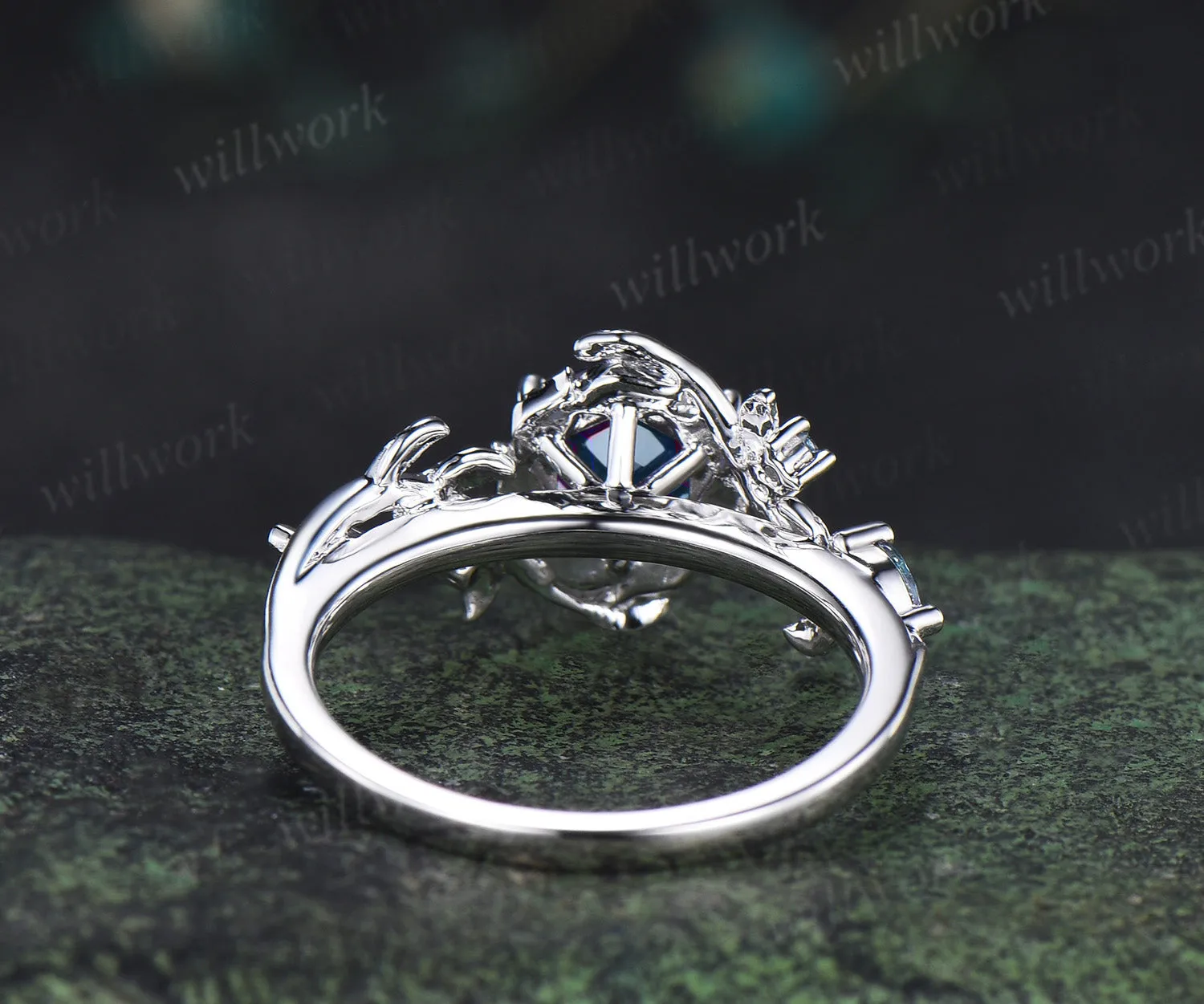 Hexagon cut alexandrite ring five stone nature inspired leaf halo engagement ring 14k white gold sold by Willwork Jewelry product image thumbnail 4