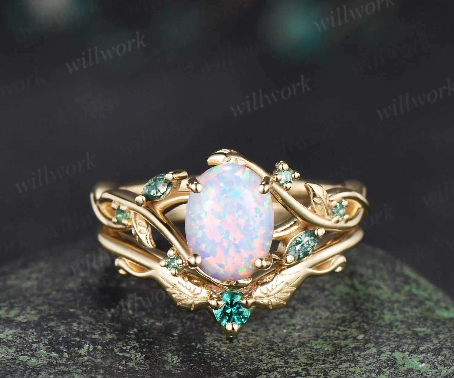 Oval white opal engagement ring yellow gold leaf infinity moss agate emerald bridal ring set sold by Willwork Jewelry