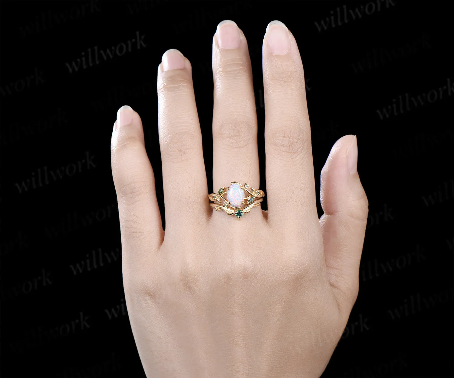 Oval white opal engagement ring yellow gold leaf infinity moss agate emerald bridal ring set sold by Willwork Jewelry product image thumbnail 3