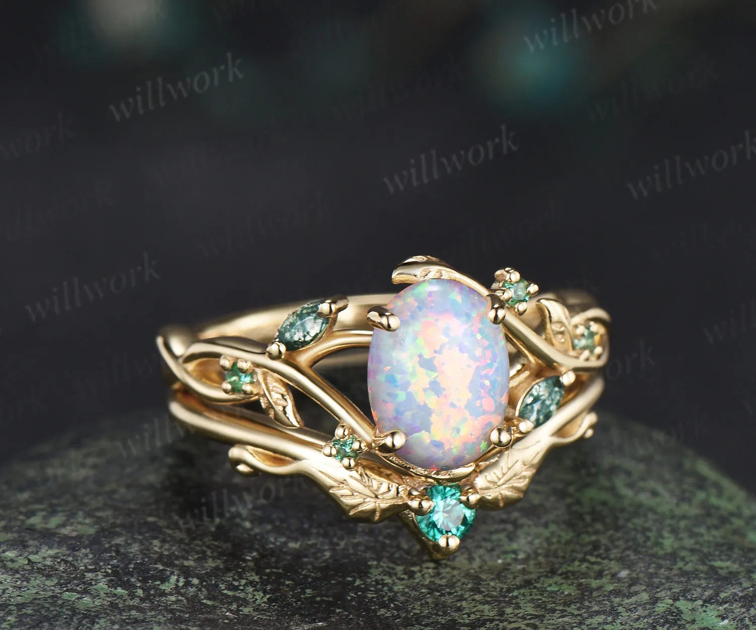 Oval white opal engagement ring yellow gold leaf infinity moss agate emerald bridal ring set sold by Willwork Jewelry product image thumbnail 4