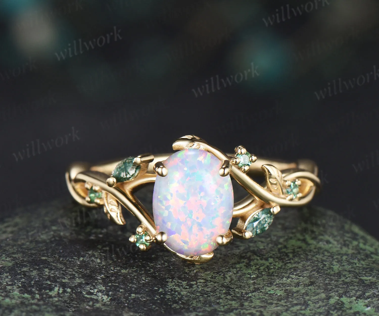 Oval white opal engagement ring yellow gold leaf infinity moss agate emerald bridal ring set sold by Willwork Jewelry product image thumbnail 5