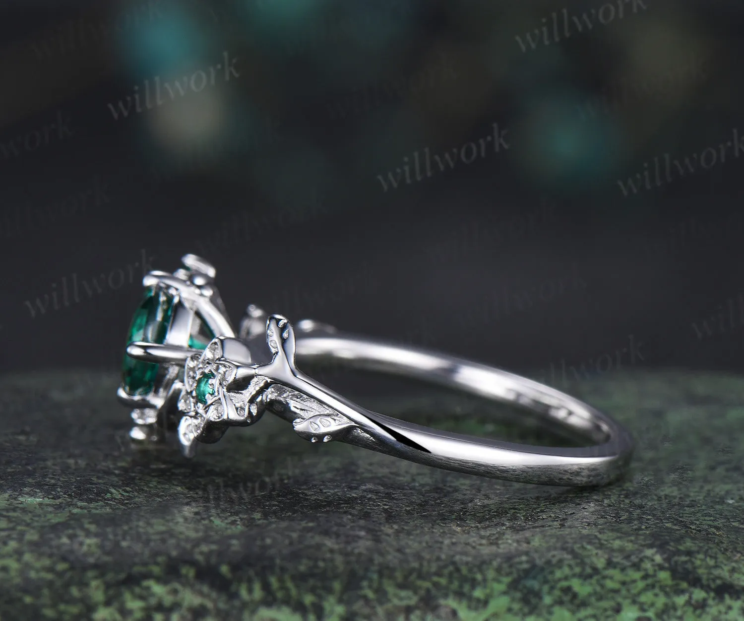 Round cut emerald ring vintage star moon cluster engagement ring twig leaf gemstone bridal ring jewelry gift sold by Willwork Jewelry product image thumbnail 3