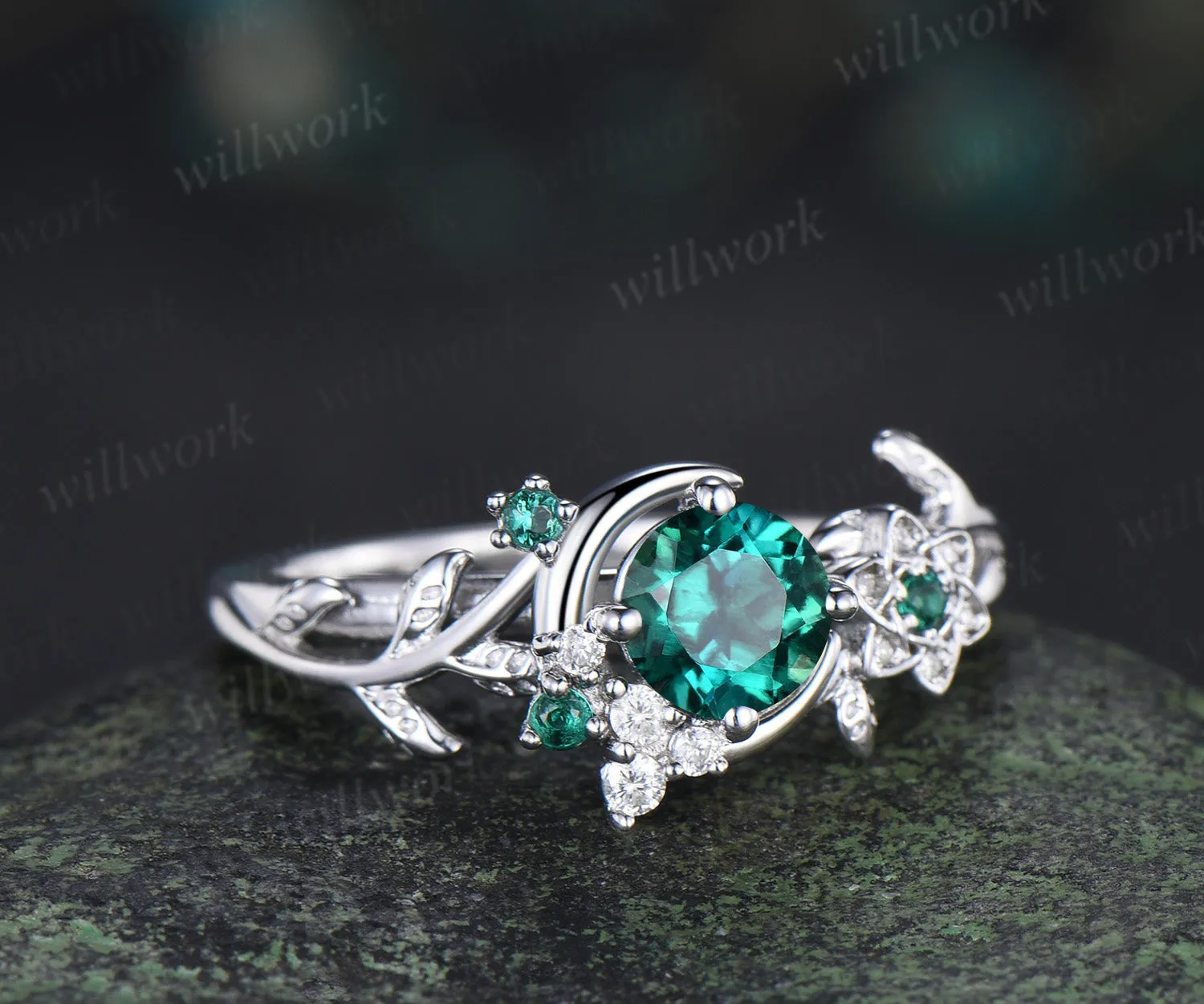 Round cut emerald ring vintage star moon cluster engagement ring twig leaf gemstone bridal ring jewelry gift sold by Willwork Jewelry product image thumbnail 4