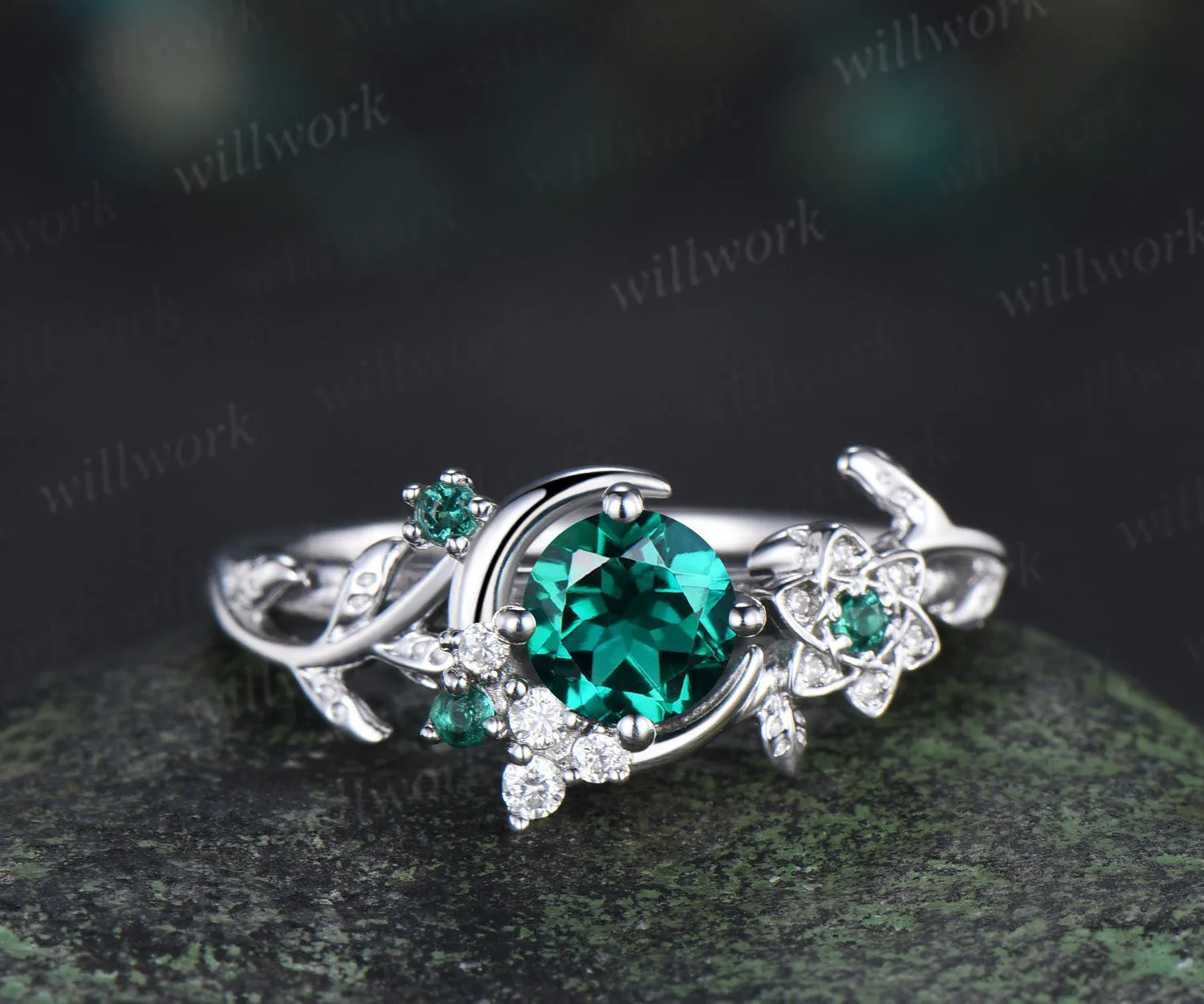 Round cut emerald ring vintage star moon cluster engagement ring twig leaf gemstone bridal ring jewelry gift sold by Willwork Jewelry