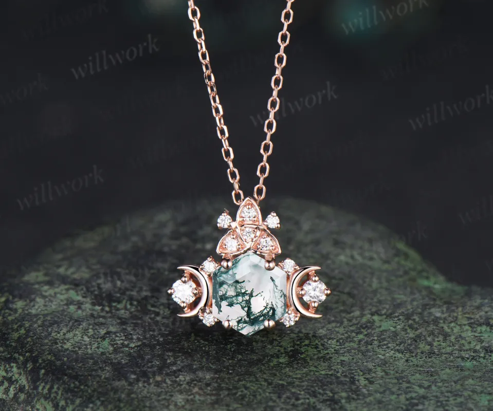 Unique hexagon cut moss agate pendant necklace art deco moon trinity knot moissanite charm pendant gifts for her made by Willwork Jewelry