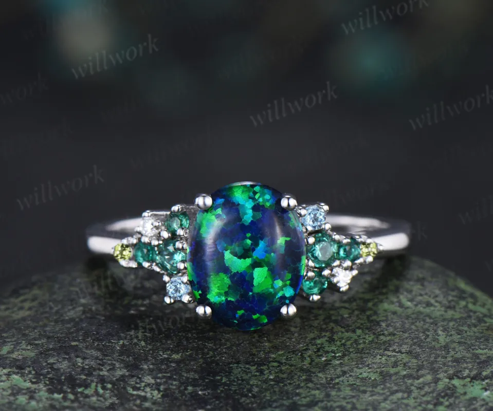 Unique oval cut black opal engagement ring emerald topaz peridot moissanites cluster ring fire opal jewelry gifts sold by Willwork Jewelry