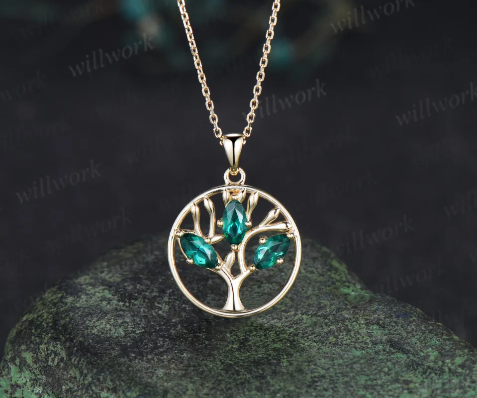 Marquise Emerald Family Tree Pendant Necklace May Birthstone Necklace Symbolic Tree of Life Jewelry made by Willwork Jewelry