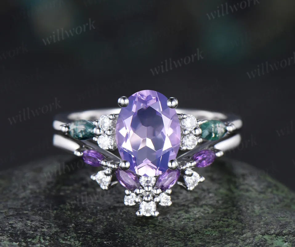 Oval cut lavender amethyst ring set moss agate moissanite engagement ring marquise amethyst wedding band unique bridal set sold by Willwork Jewelry