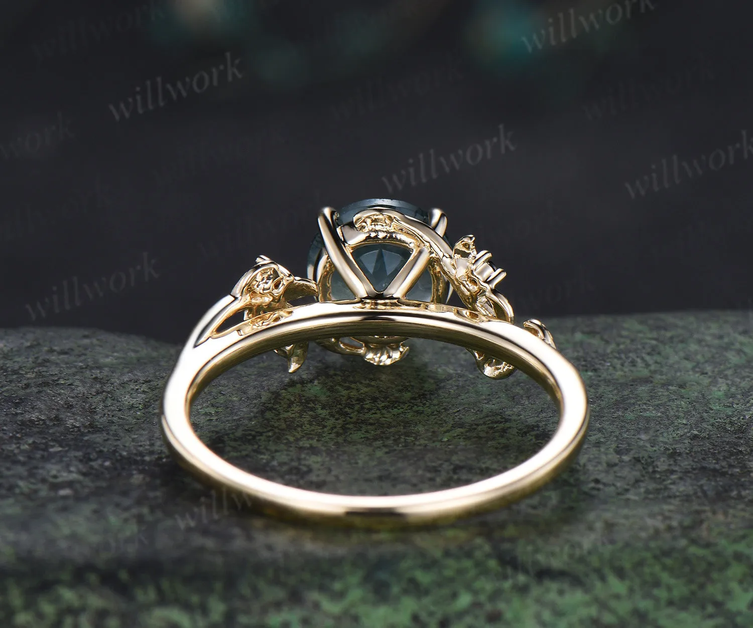 Round cut moss agate engagement ring leaf twig accent black spinels ring nature inspired bridal ring gifts for her sold by Willwork Jewelry product image thumbnail 5
