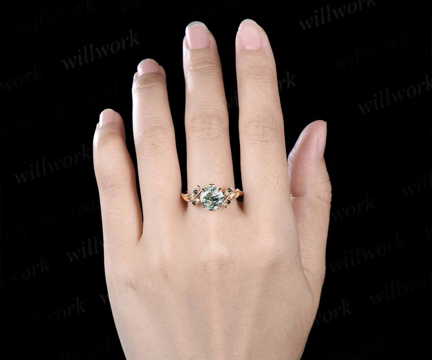 Round cut moss agate engagement ring leaf twig accent black spinels ring nature inspired bridal ring gifts for her sold by Willwork Jewelry product image thumbnail 2