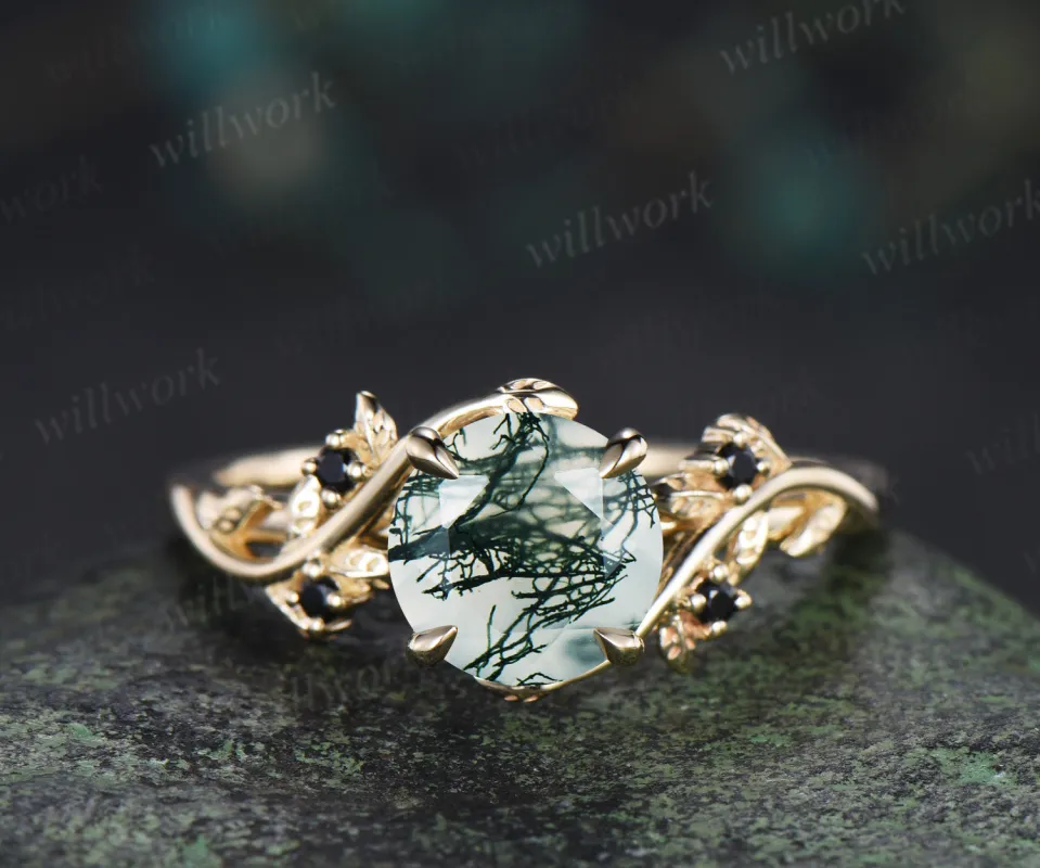 Round cut moss agate engagement ring leaf twig accent black spinels ring nature inspired bridal ring gifts for her sold by Willwork Jewelry