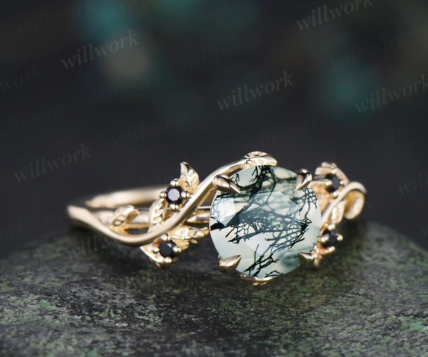 Round cut moss agate engagement ring leaf twig accent black spinels ring nature inspired bridal ring gifts for her sold by Willwork Jewelry product image thumbnail 3