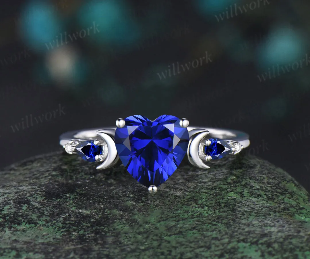 Unique heart cut sapphire engagement ring set five stones art deco moon ring moissanite sapphire wedding band bridal set sold by Willwork Jewelry product image thumbnail 3