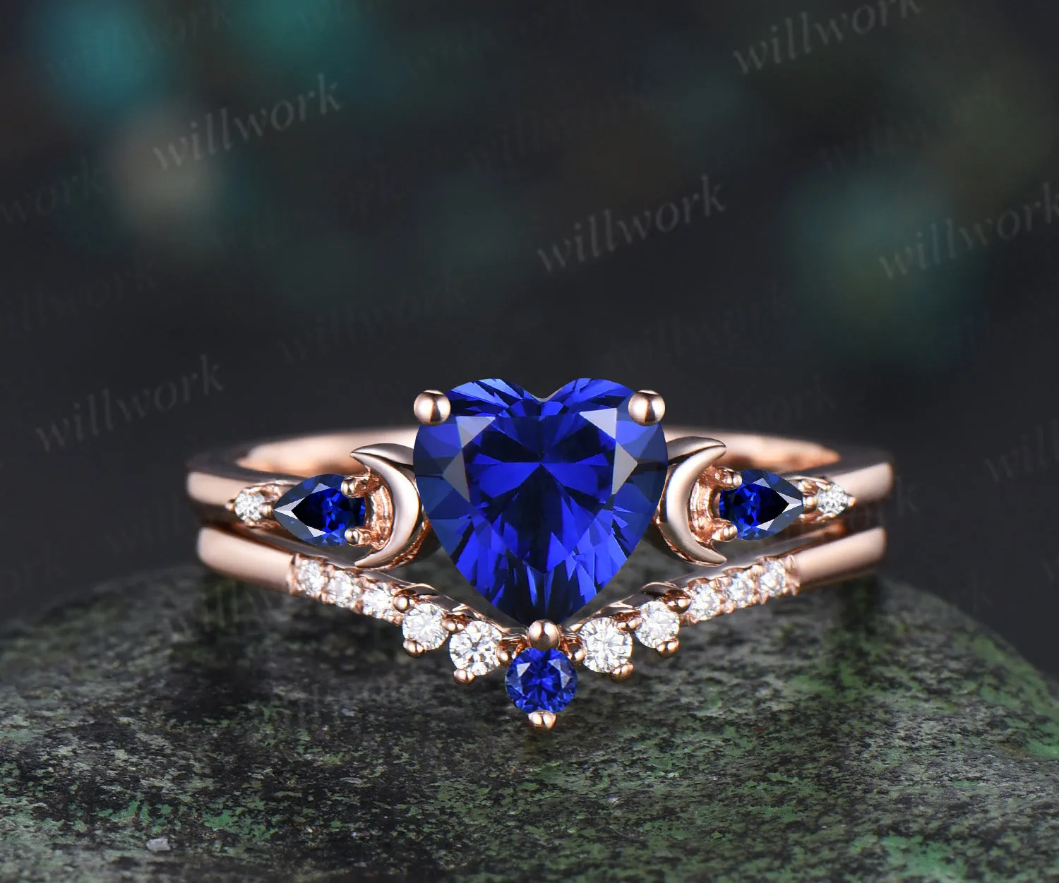 Unique heart cut sapphire engagement ring set five stones art deco moon ring moissanite sapphire wedding band bridal set sold by Willwork Jewelry