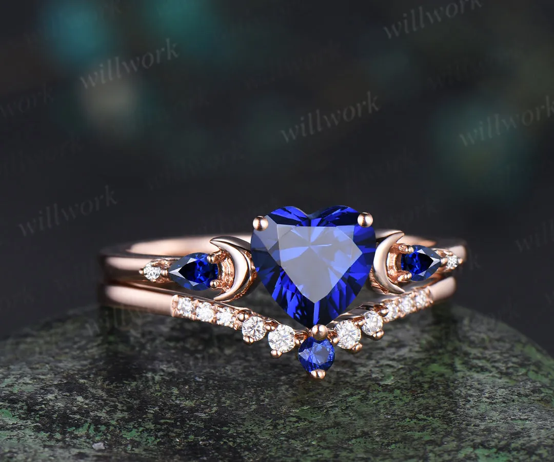 Unique heart cut sapphire engagement ring set five stones art deco moon ring moissanite sapphire wedding band bridal set sold by Willwork Jewelry product image thumbnail 4