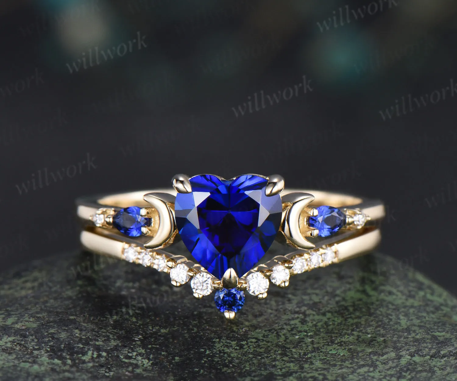 Unique heart cut sapphire engagement ring set five stones art deco moon ring moissanite sapphire wedding band bridal set sold by Willwork Jewelry product image thumbnail 5