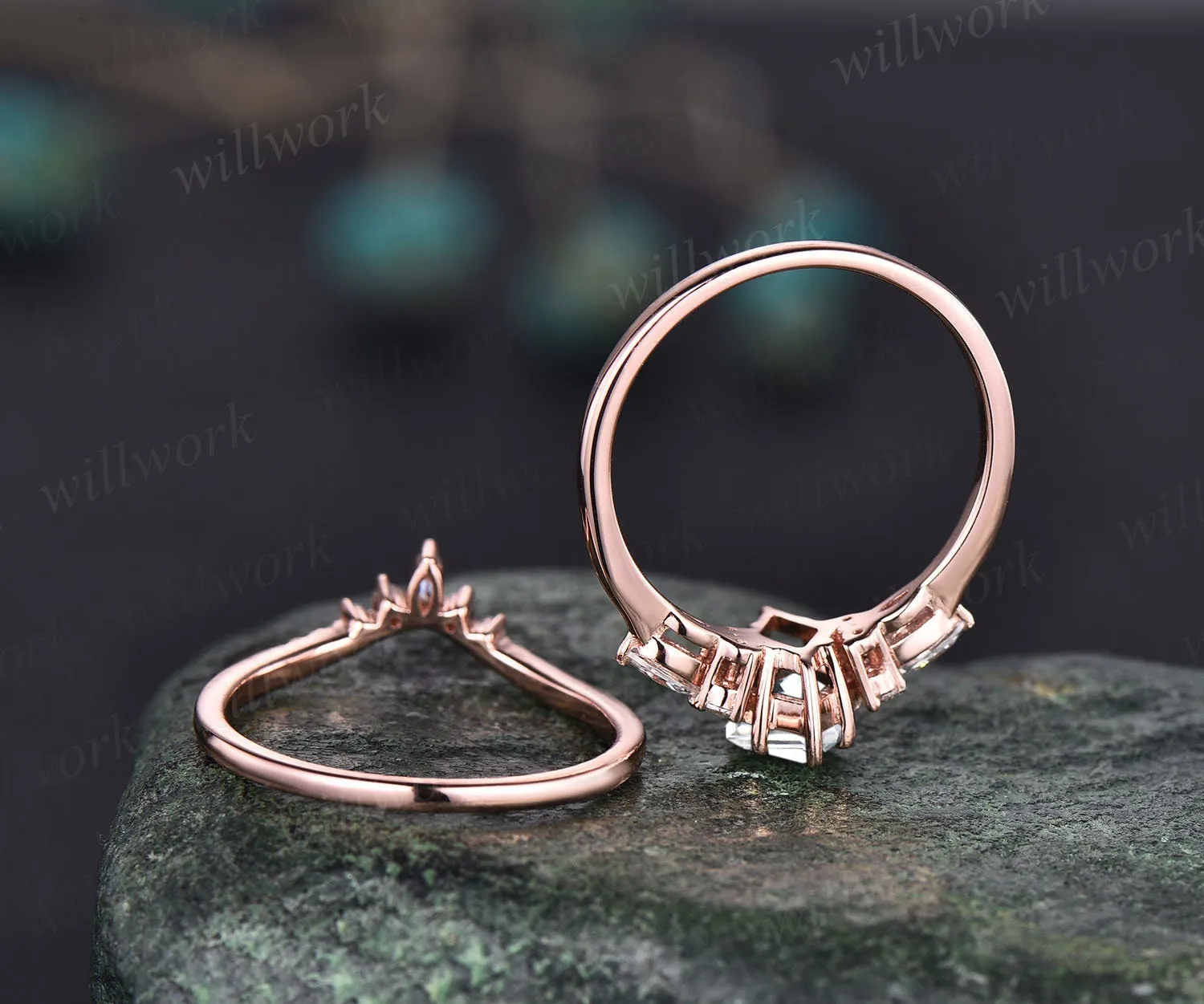 Vintage kite cut lab grown diamond engagement ring set 14k rose gold 6 prong diamond unique bridal wedding promise ring set women sold by Willwork Jewelry product image thumbnail 5