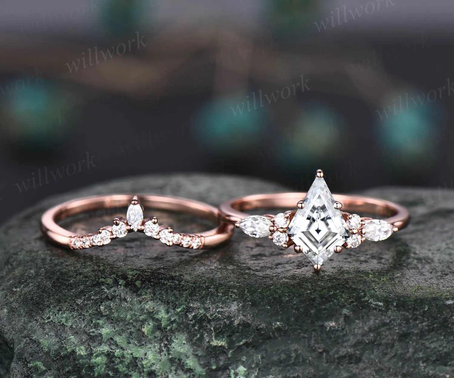Vintage kite cut lab grown diamond engagement ring set 14k rose gold 6 prong diamond unique bridal wedding promise ring set women sold by Willwork Jewelry product image thumbnail 2
