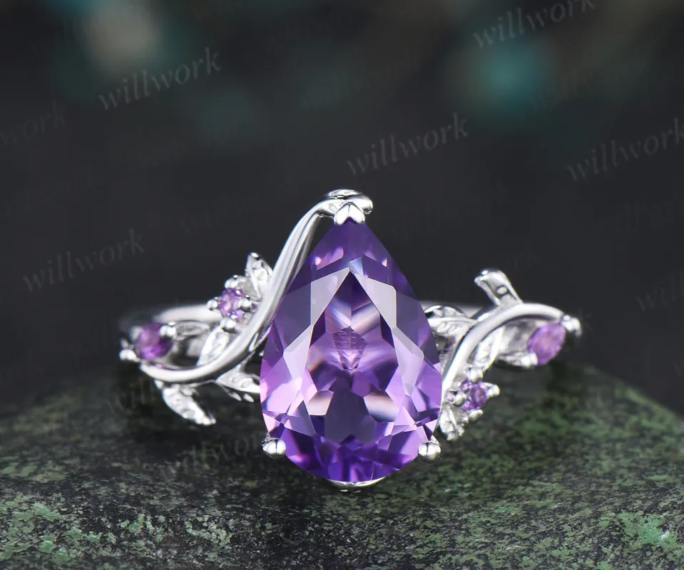 8x12mm pear cut natural amethyst engagement ring vintage twig leaf vine bridal ring February birthstone gifts sold by Willwork Jewelry