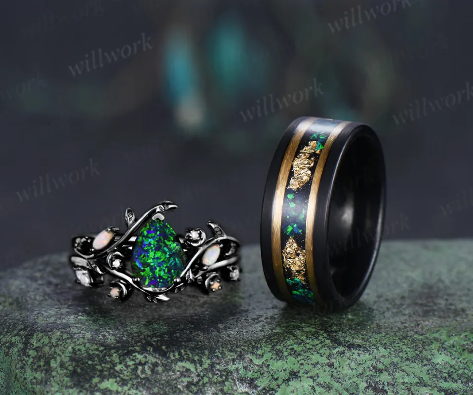 Vintage Pear Black Opal Leaf Vine Moon Ring Set & Tungsten Black Opals Gold Flakes Men Band Couple Ring Set sold by Willwork Jewelry