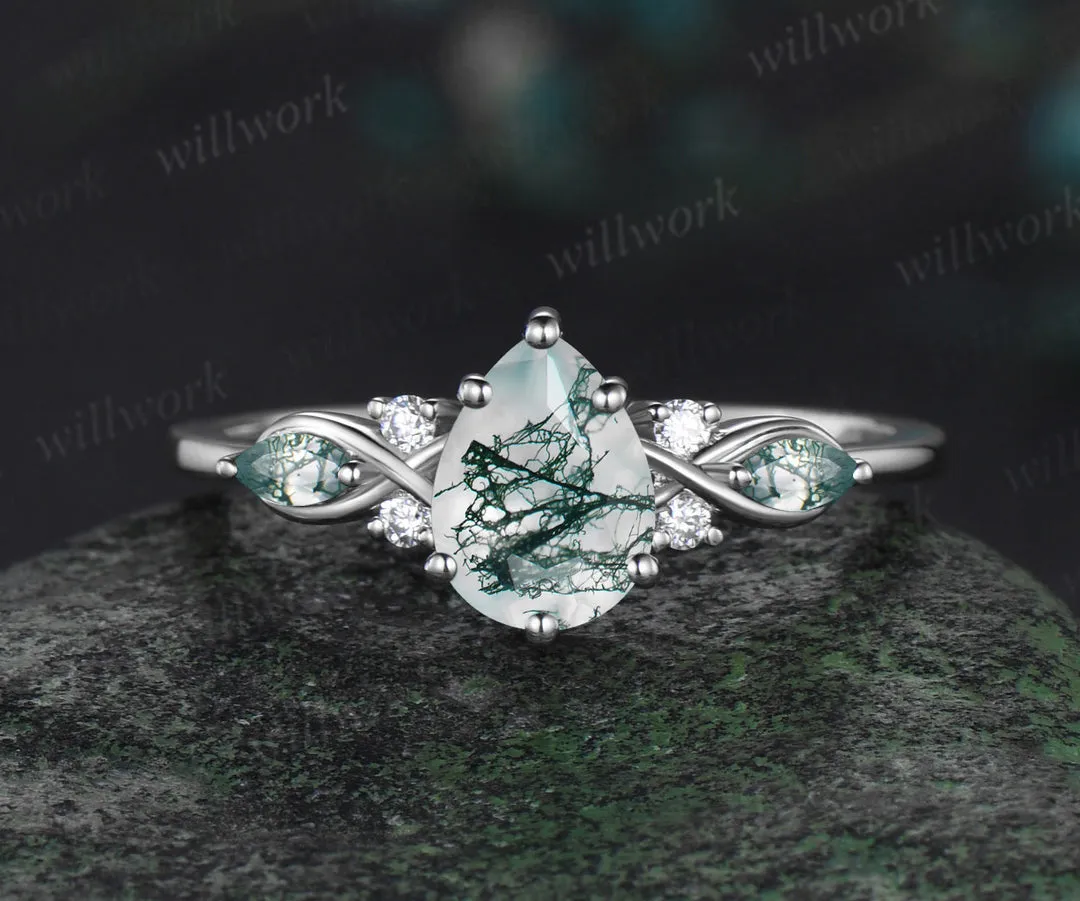 READY TO SHIP: Pear Cut Moss Agate Engagement Ring - Sterling Silver - Ring Size: 3 US sold by Willwork Jewelry