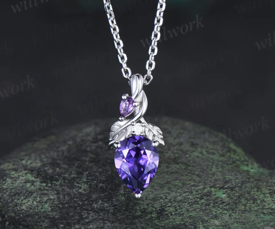 Pear cut purple sapphire pendant necklace leaf vine amethyst moissanite necklace unique gemstone necklace for women gifts for her made by Willwork Jewelry