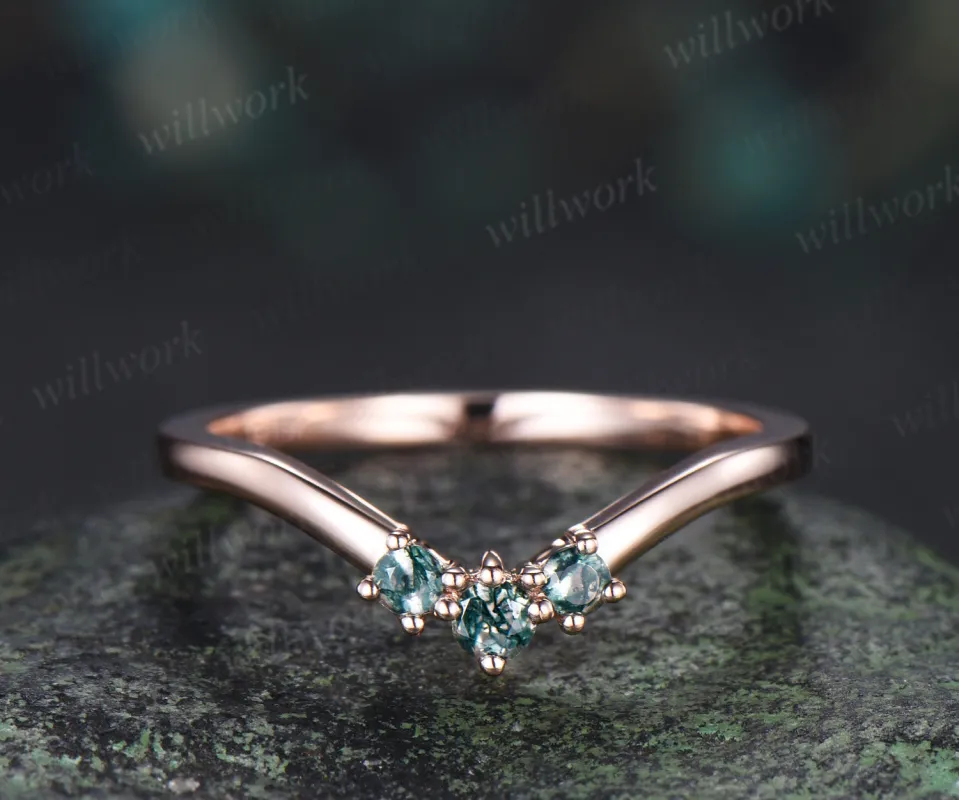 Curved moss agate wedding band unique stacking wedding ring rose gold matching wedding band made by Willwork Jewelry