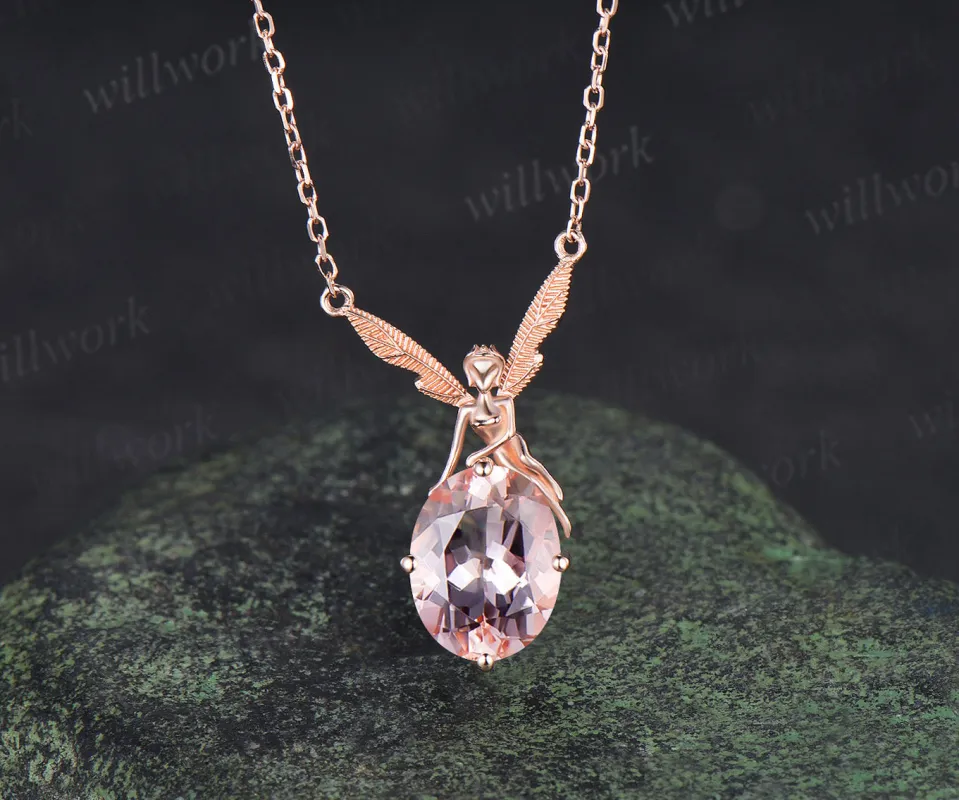 Elf 2ct Oval morganite Pendant Winged Fairy Angel Gemstone Drop Necklace 14k Rose Gold Chain Gift Women made by Willwork Jewelry