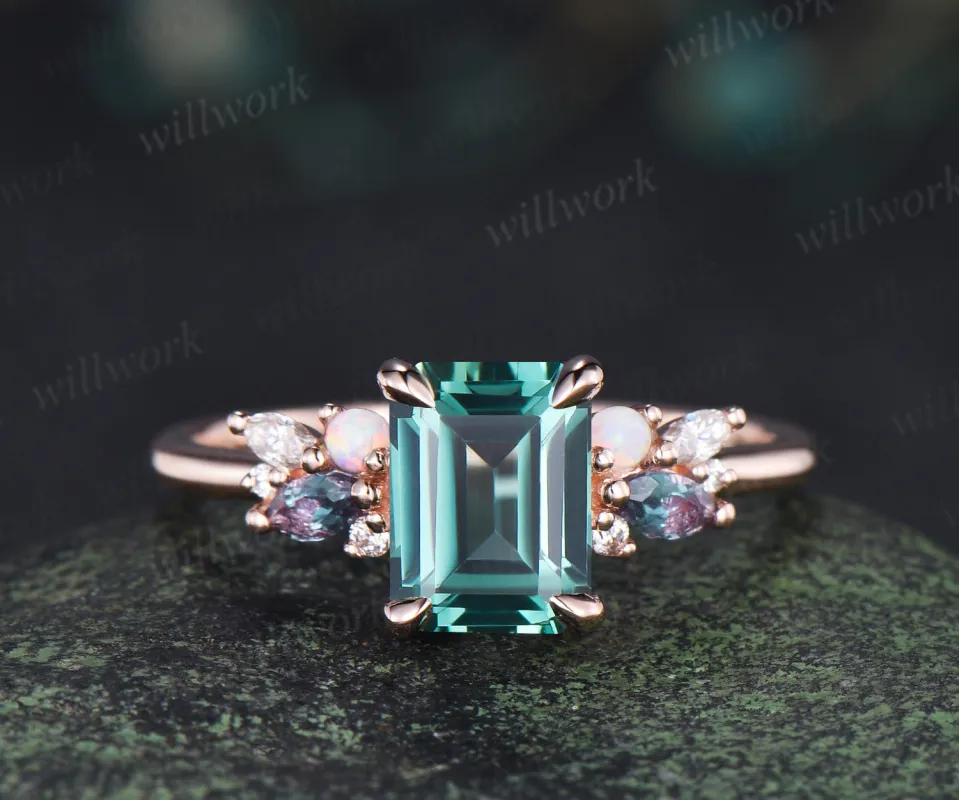 Emerald cut green sapphire engagement ring cluster alexandrite opal moissanite ring rose gold women sold by Willwork Jewelry