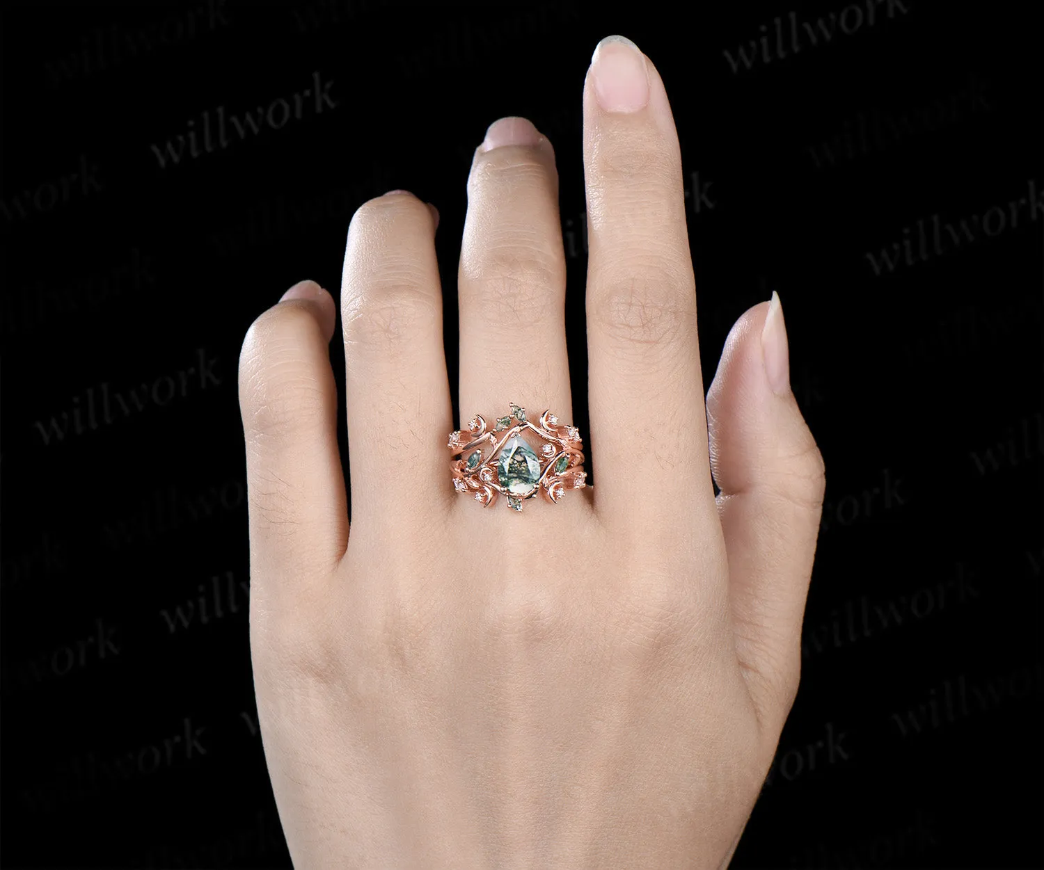 Pear moss agate engagement ring set rose gold leaf moon moissanite ring double layer enhancer wraps band unique brial set sold by Willwork Jewelry product image thumbnail 3