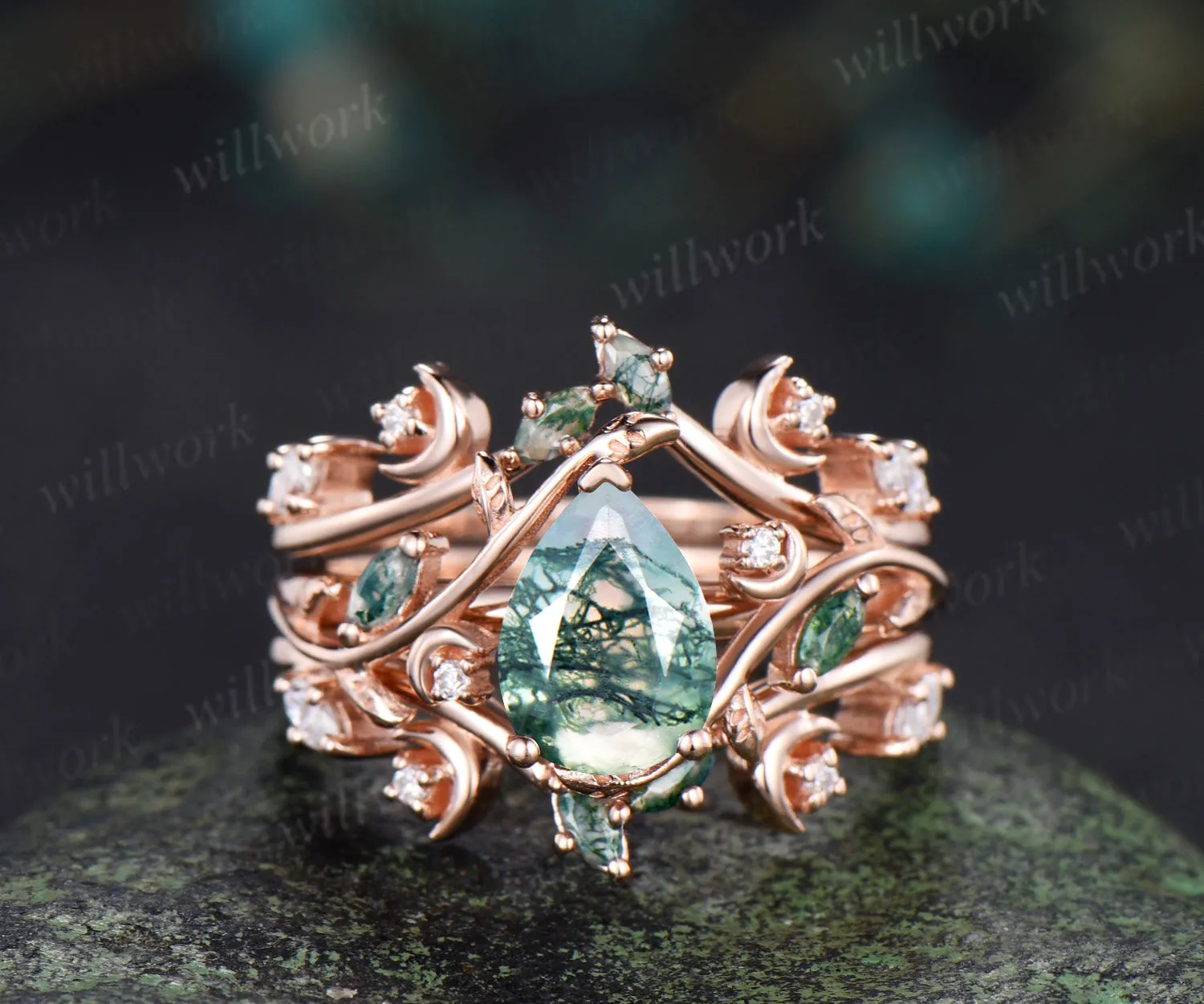 Pear moss agate engagement ring set rose gold leaf moon moissanite ring double layer enhancer wraps band unique brial set sold by Willwork Jewelry product image thumbnail 2