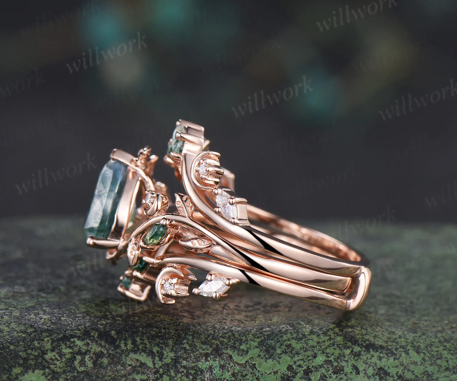 Pear moss agate engagement ring set rose gold leaf moon moissanite ring double layer enhancer wraps band unique brial set sold by Willwork Jewelry product image thumbnail 5