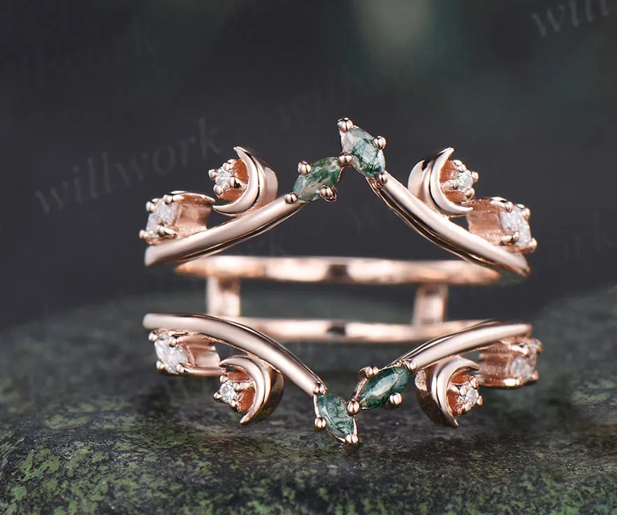 Pear moss agate engagement ring set rose gold leaf moon moissanite ring double layer enhancer wraps band unique brial set sold by Willwork Jewelry product image thumbnail 4