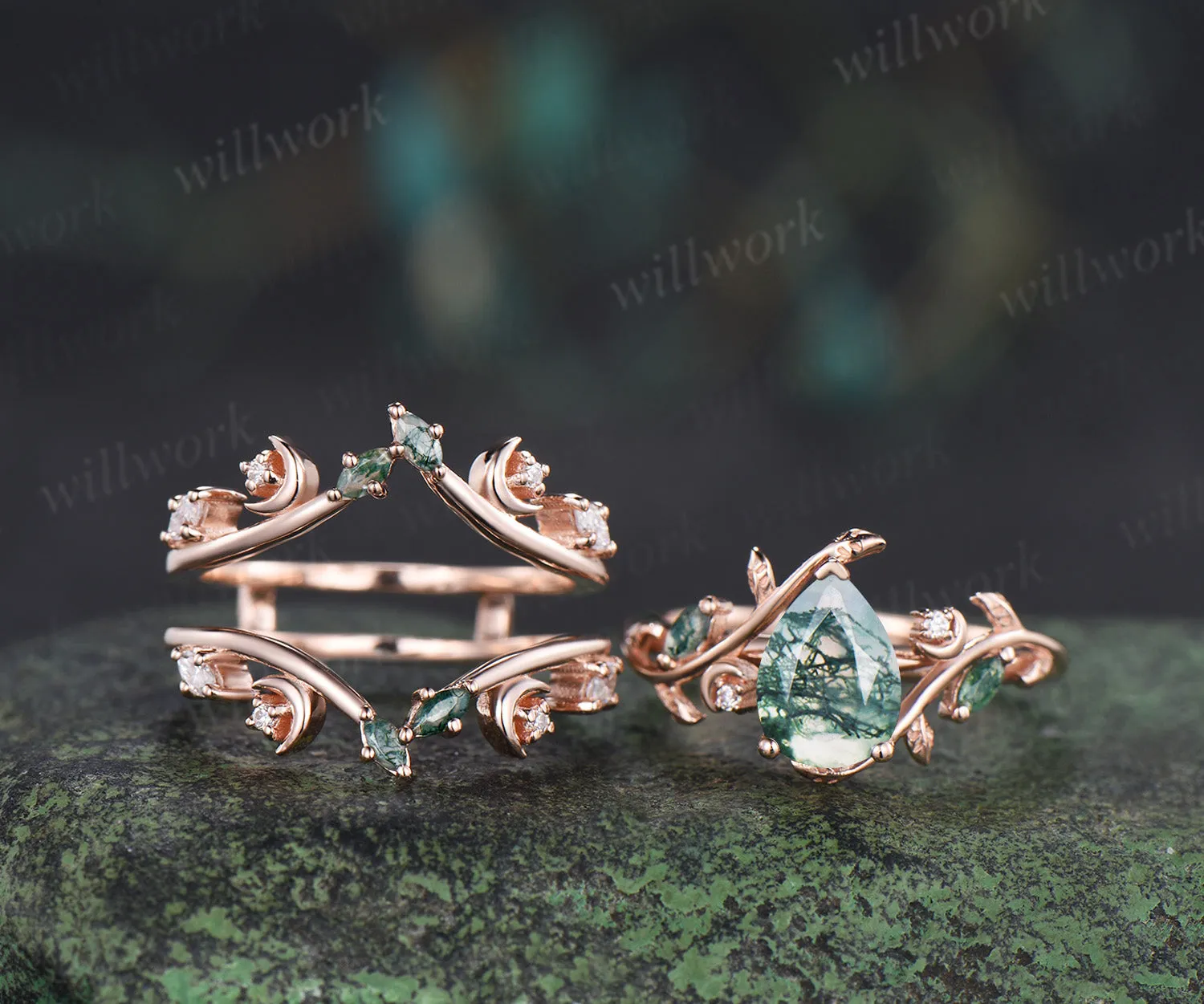 Pear moss agate engagement ring set rose gold leaf moon moissanite ring double layer enhancer wraps band unique brial set sold by Willwork Jewelry