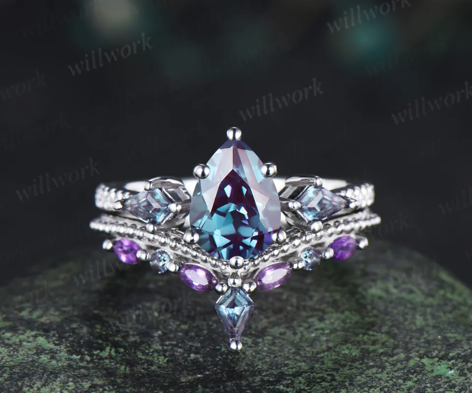 Pear cut alexandrite engagement ring set kite alexandrite half eternity diamond marquise amethyst stacking bridal set sold by Willwork Jewelry
