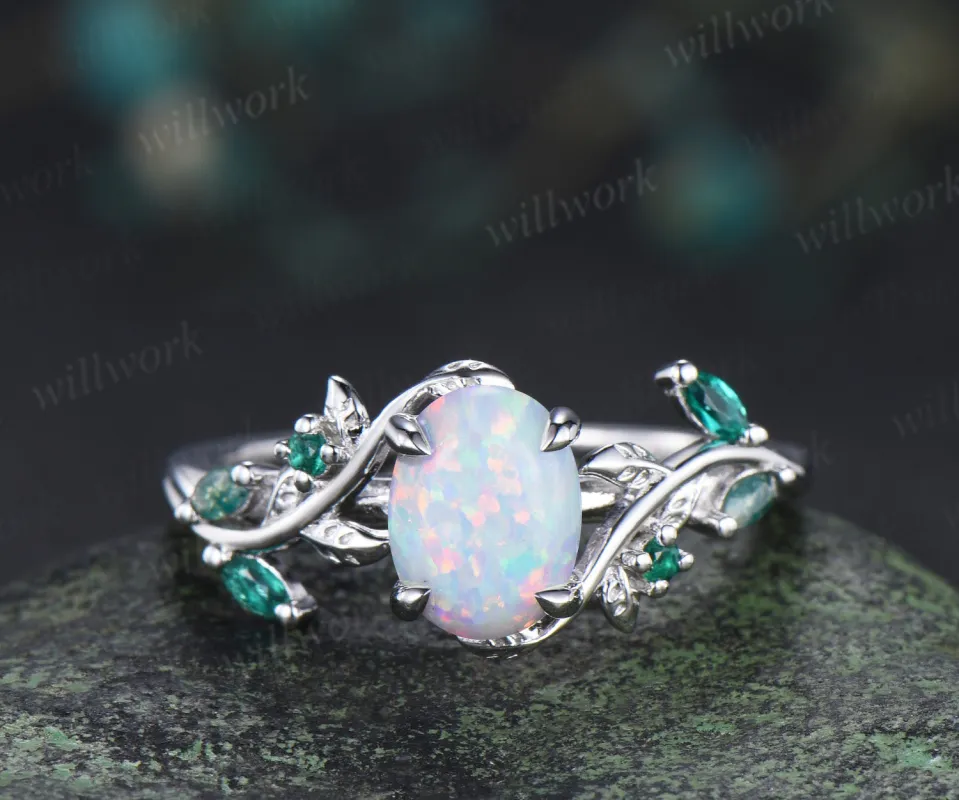 Oval white opal engagement ring retro emreald moss agate leaf branch ring nature inspired bridal ring gifts for women sold by Willwork Jewelry